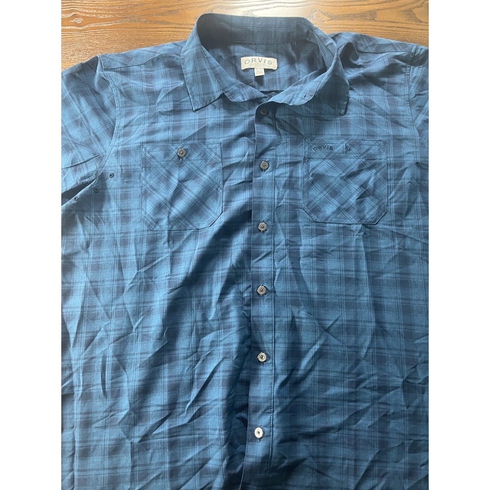 Men's Orvis Tech Shirt Blue Short Sleeve Pocket Collared Shirt Size XL